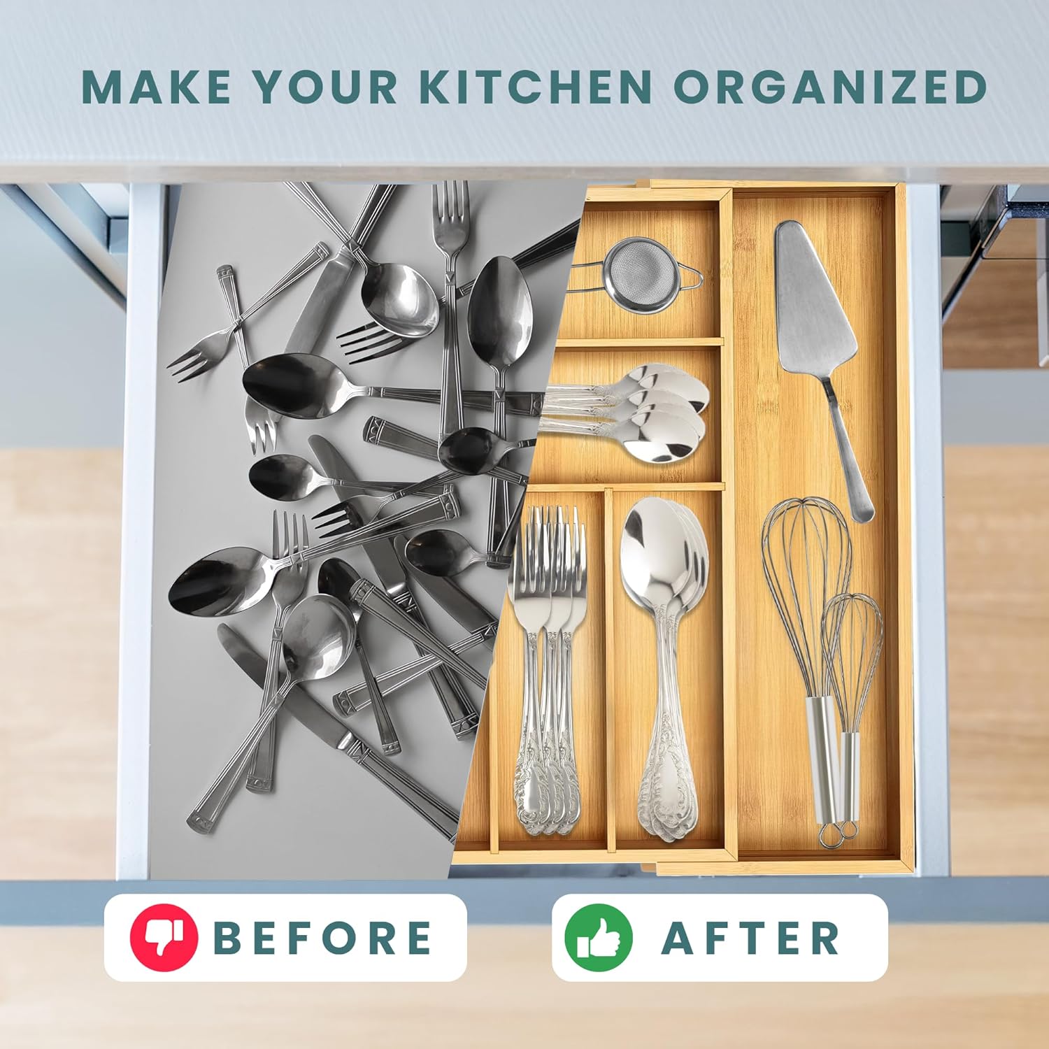 Sben Expandable Drawer Organizer for Utensils Holder, Adjustable Cutlery Tray, Wood Drawer Dividers Organizer for Silverware, Flatware, Knives for Kitchen (Bamboo)