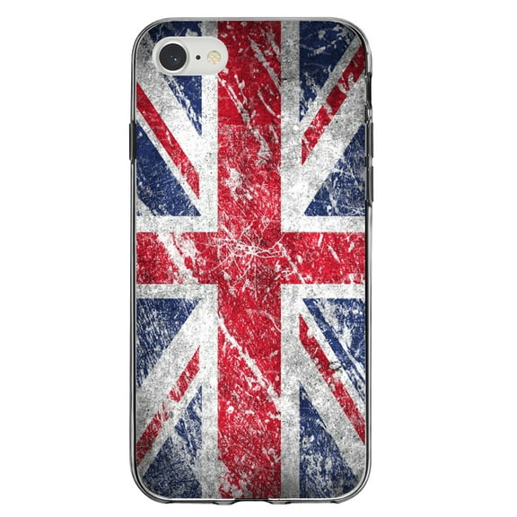 DistinctInk Clear Shockproof Hybrid Case for iPhone 7 8 SE (2020 Model) 4.7" Screen TPU Bumper Acrylic Back Tempered Glass Screen Protector - Red White Blue British Flag Weathered Show Love of the UK