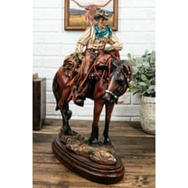 Western Desert Cowboy On Saddleback Brown Stallion Horse By Cactus Figurine