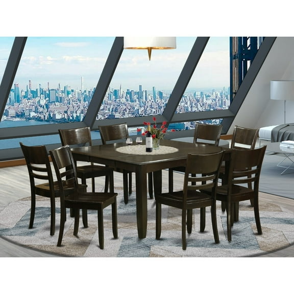 Dining Table Set 9 Piece - Rustic Square Table with 8 Chairs - Cappuccino Finish - 54 Inch