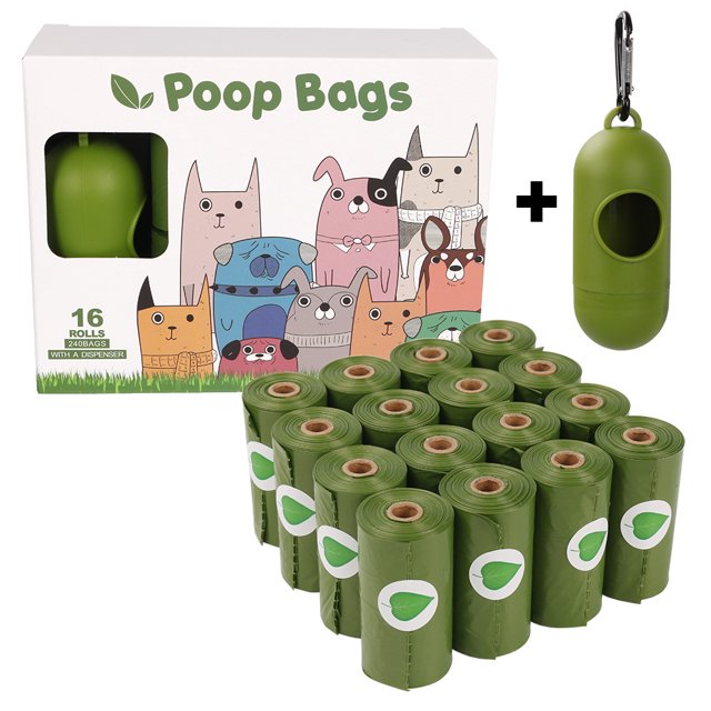 Bolsas para excrementos de perros, 16 rollos de bolsas para excrementos de perros, bolsas para excrementos de perros con 1 dispensador, bolsas grandes impermeables para excrementos de mascotas, bolsas verdes para excrementos. JM