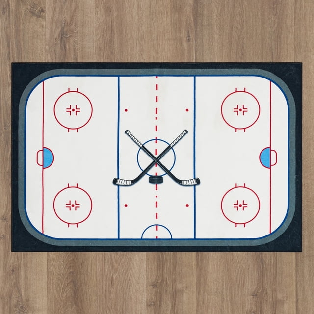 Mainstays CENTER ICE Kids Hockey Field Low Pile, Machine Washable Area Rug 4x6, Ideal for Bedroom and Play Area