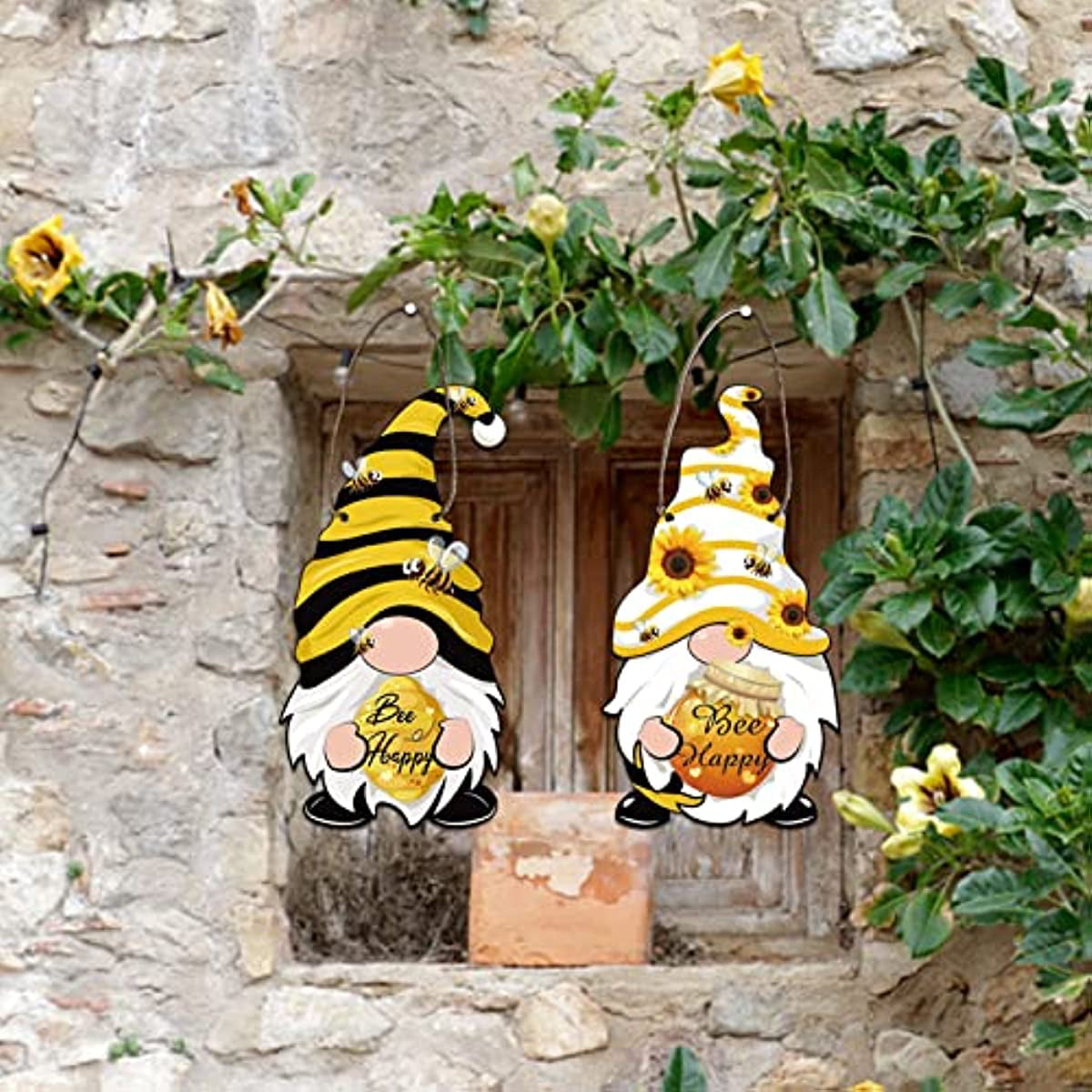 1Pc Bumble Bee Gnomes Door Sign Bee Gifts Yellow & Black Wood Door Hanger  Bee Happy Home Farmhouse Wreath Attachment Spring Summer Front Door  Decorations Hanging Porch 