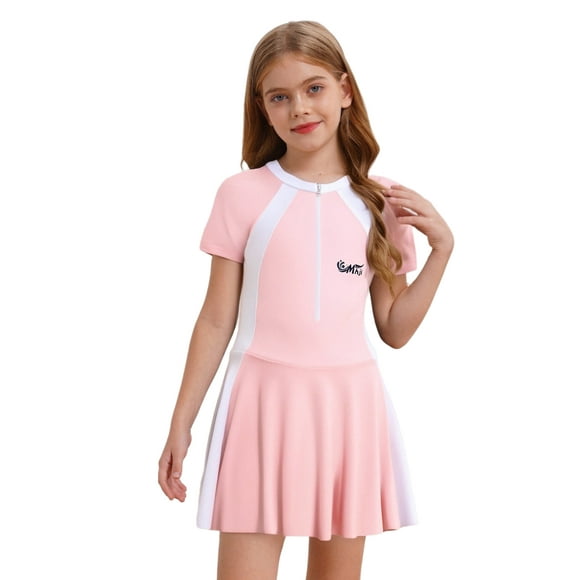 YiZYiF Kids Girls One Piece Swimsuit Short Sleeve Front Zipper Bathing Suit with Integrated Safety Shorts Pink 140/L 不带胸垫