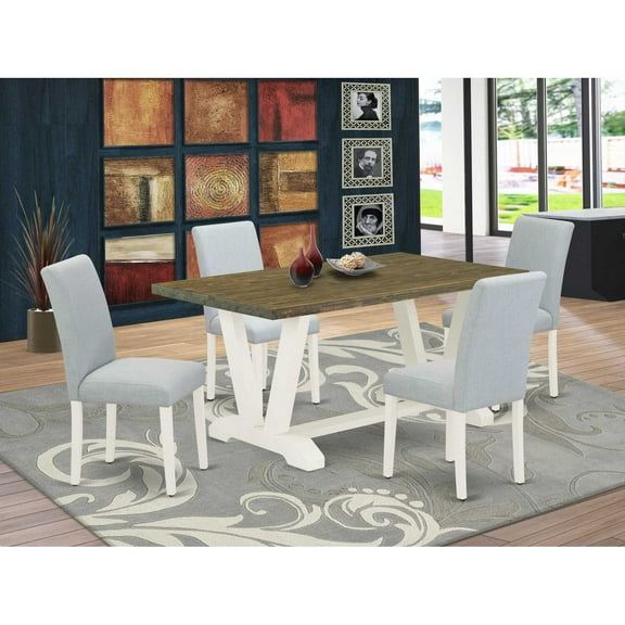 East West Furniture 5-Pc dining room table set Includes 4 Kitchen Chairs with Upholstered Seat and High Back and a Rectangular Dining Table - Linen White Finish