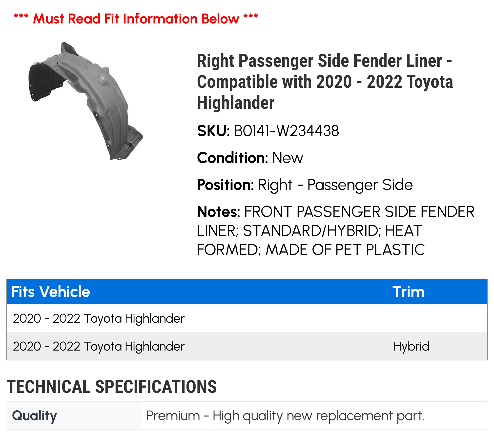 Action Crash Front Passenger Side Fender Liner For 2020-2021 Toyota Highlander – Part 52538DY