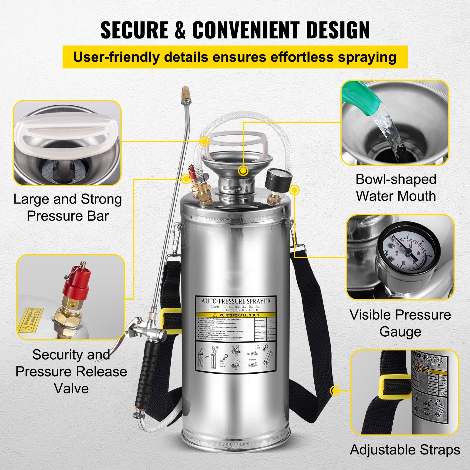 KFFKFF 2G Stainless Steel Sprayer, Full Set with 20" wand& handle& 3.3" Reinforced Hose, Hand Pump Sprayer with Pressure Gauge&Safety Valve, Adjustable Nozzle Suitable for Gardening and Sanitizing