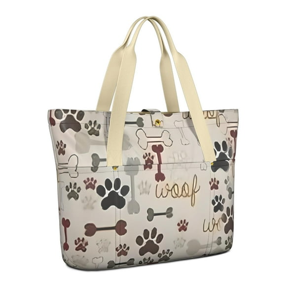 Tote Bag for Women - Paw Prints and Bones Shoulder Bag - Large Utility Work Duffle Bag with Zipper Handbag for Travel, Work, Sprots