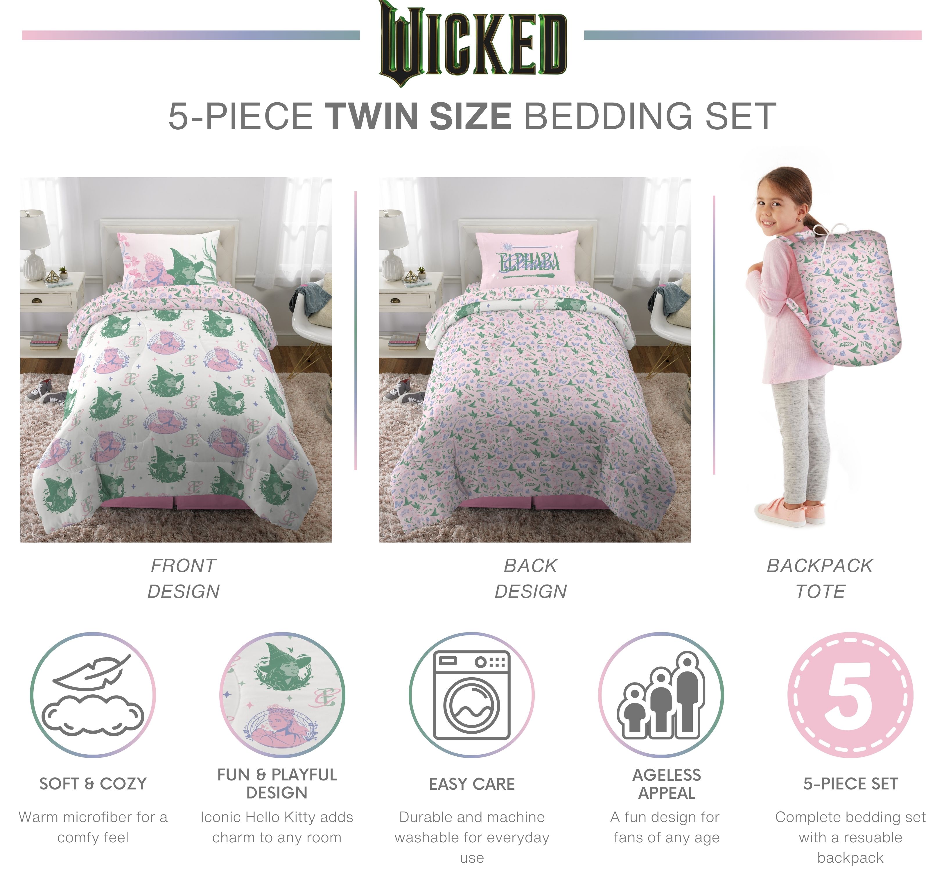 Wicked Kids Pink and Green 6 Piece Reversible Comforter, Bed in a Bag, Twin