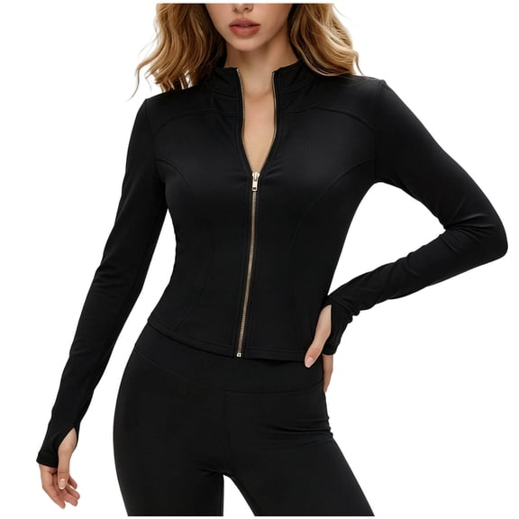 RoamHome Women's Workout Jacket Full Zip Up Yoga Top High Neck Long Sleeve Athletic Gym Coat Slim Fit Activewear with Thumb Holes