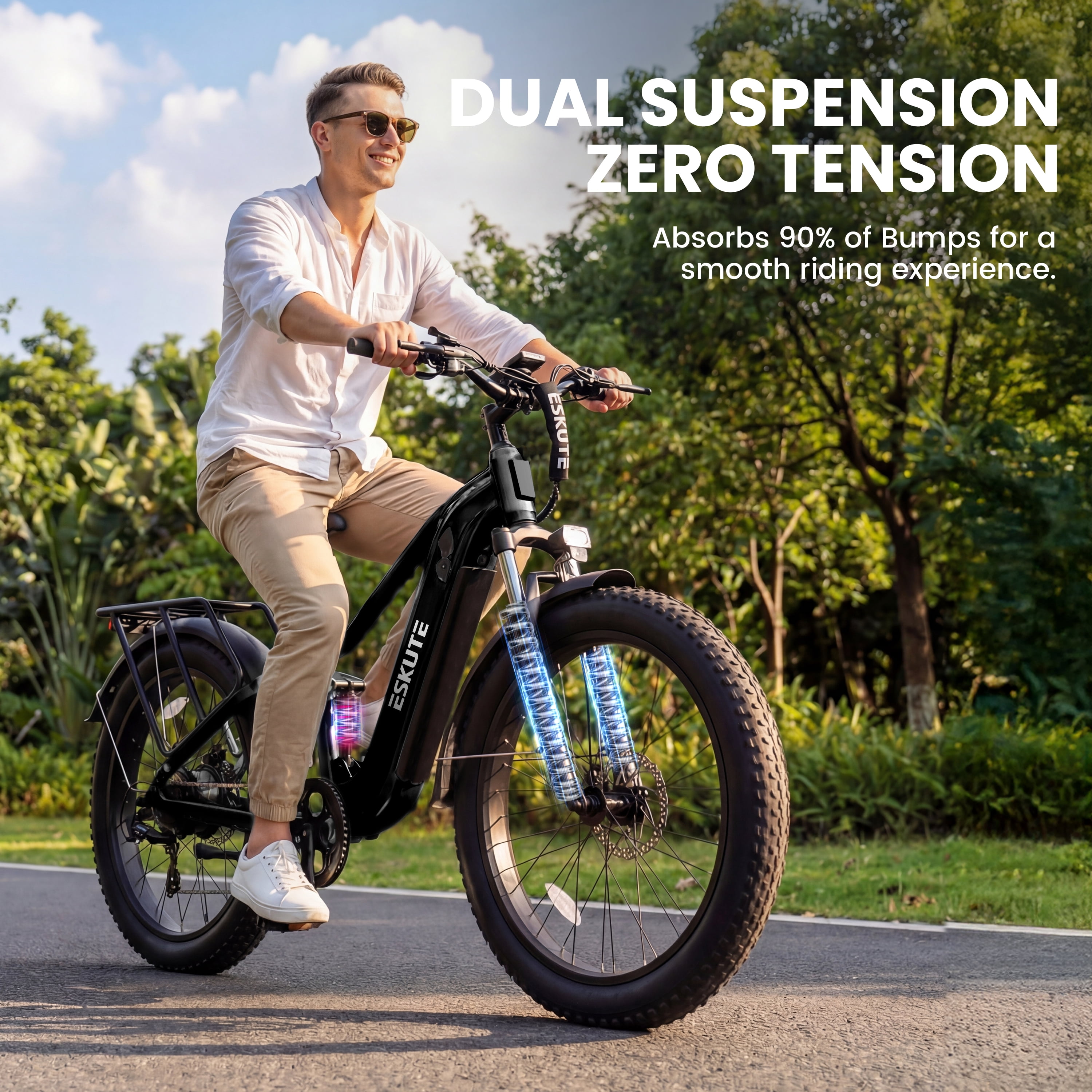 ESKUTE C300 Electric Bike for Adults, 1500W Peak Motor, 32MPH Fast Ebike, 48V 20.8Ah Battery Up to 80 Miles, 26"x4.0" Fat Tire, Full Suspension, 8-Speed Black, UL2849