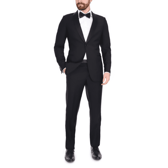 Blujacket Men's Black Italian Wool Canvassed Slim Fit Shawl Lapel Tuxedo Suit