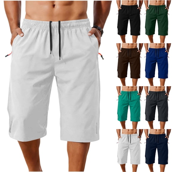 Havenre Men's Capri Pants 3/4 Joggers Gym/Workout/Hiking Below Knee Long Shorts Lightweight Quick Dry Drawstring Elastic Waist Short Pants with Zipper Pockets White M