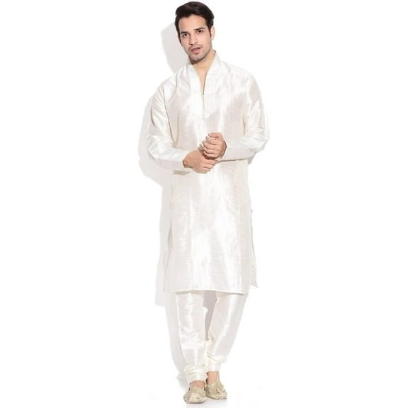 Royal Men's Silk Blend Beige Hineck Emboirdered Kurta Churidar