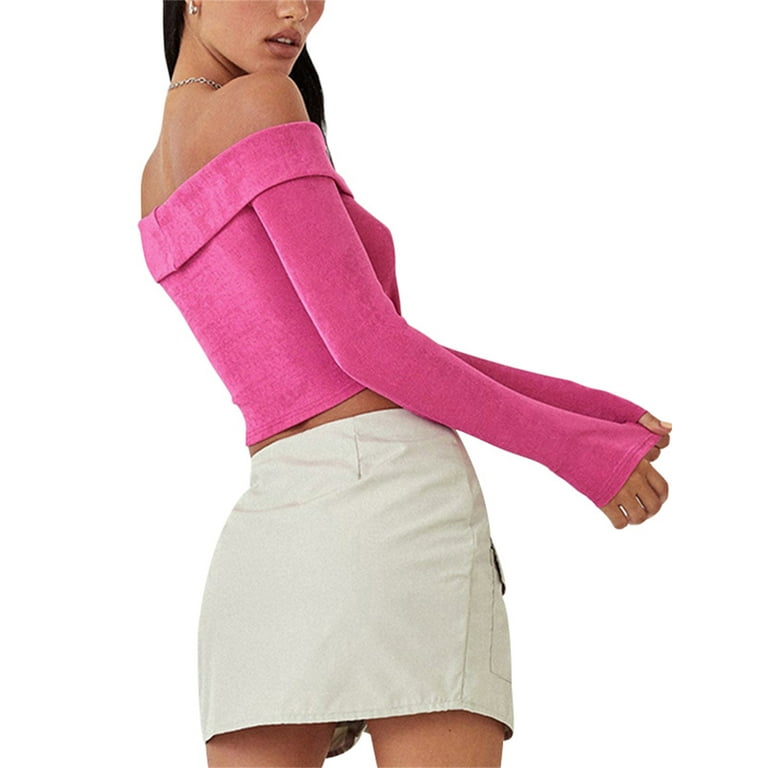 Women Off Shoulder Long Sleeve Sweaters Ribbed Knit Slim Fit Pullover Tops Sexy Knitted Solid Cropped Sweater Top Walmart