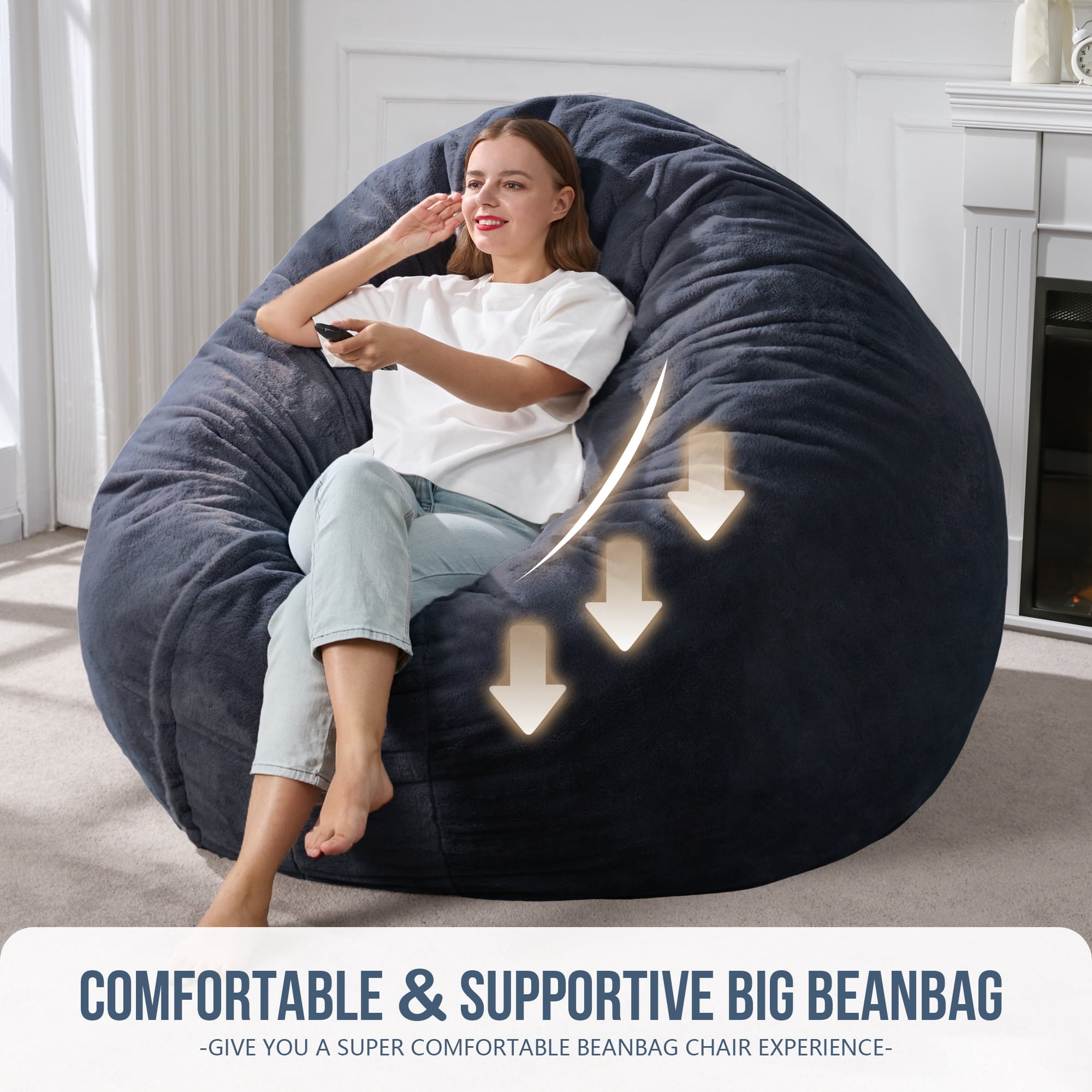 Hobestluk 6ft Bean Bag Chairs for Adults Large Beanbag Chair with Plush Faux Fur Cover Big Bean Bag Chair for Living Room Bedroom Dorm Office - Dark Grey (70" x 70" x 15")