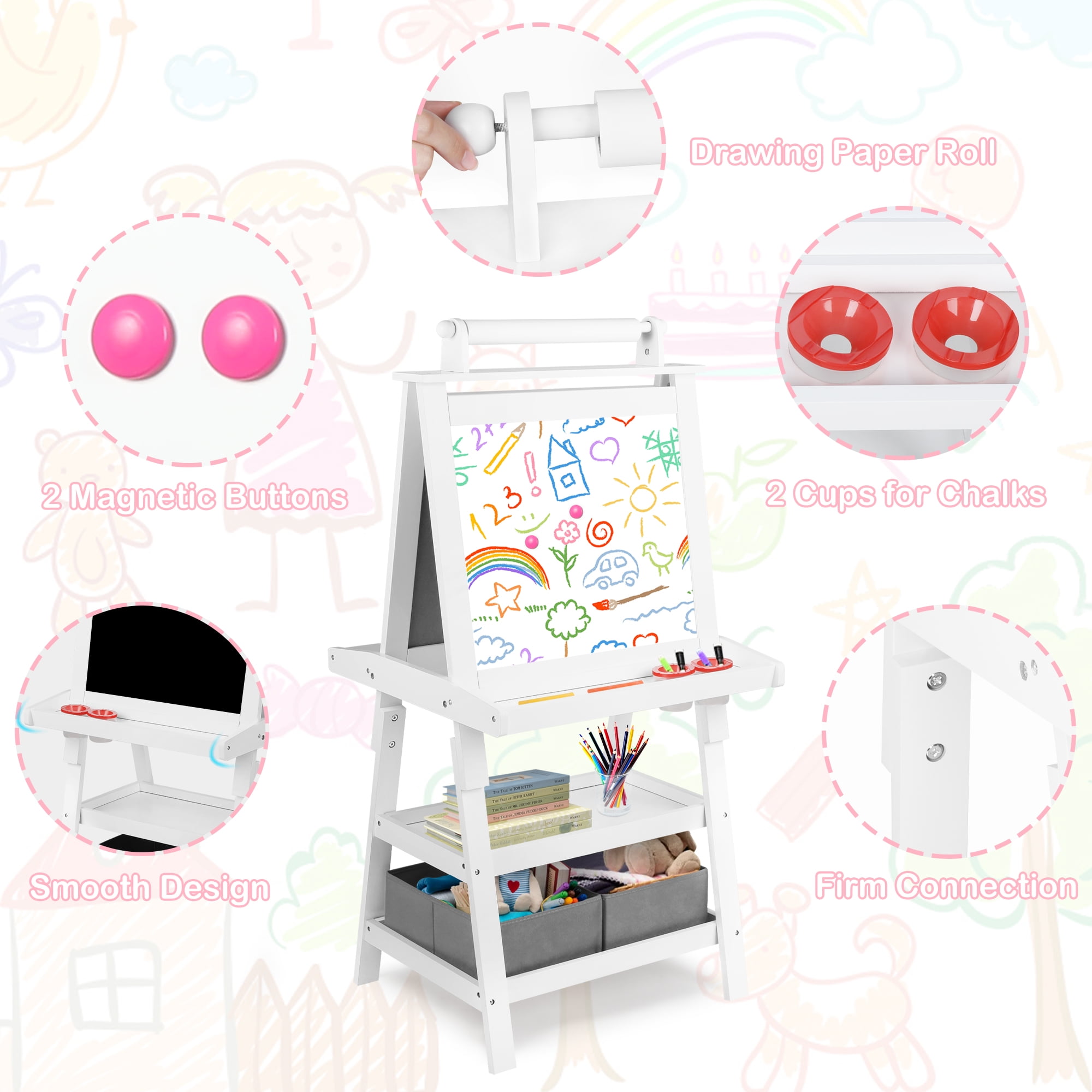 LINLUX 3 in 1 Kids Art Easel Drawing Board Double-Sided Whiteboard Chalkboard, White
