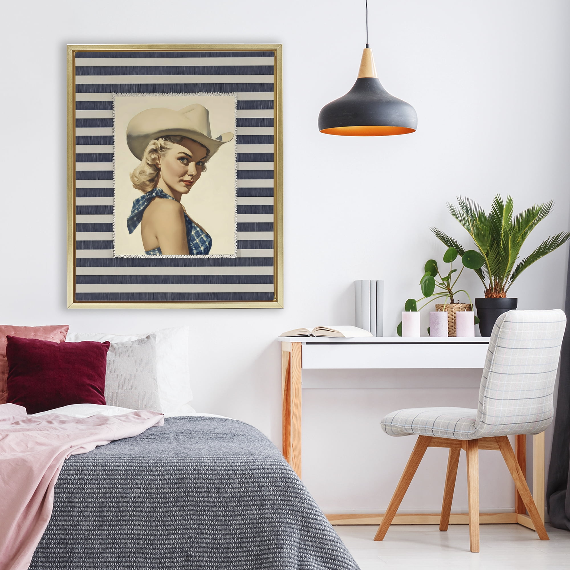 Stupell Industries Retro Cowgirl Stripes Gold Framed Floater Canvas Wall Art, design by Arlington Prints