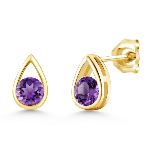 Gem Stone King 18K Yellow Gold Plated Silver Purple Amethyst Teardrop Stud Earrings for Women Men (0.95 Cttw, Gemstone February Birthstone, Round 5MM)