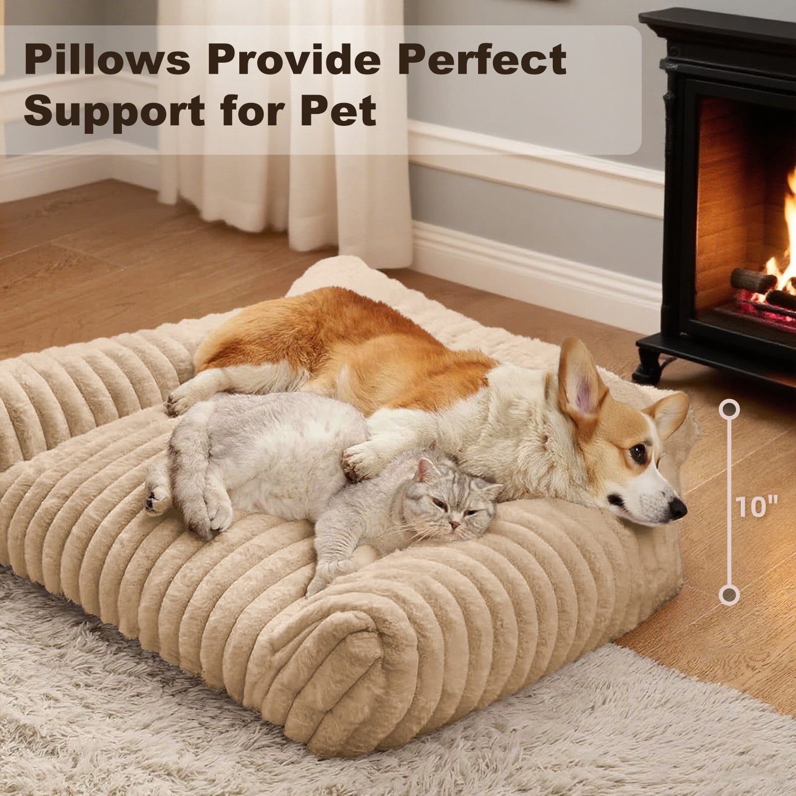 Sanmadrola Cute Cat Bed for Indoor Cats, Couch Bed with Removable Washable,Premium Soft Corduroy Fleece Pet Bed for Small Dog & Cat,Khaki