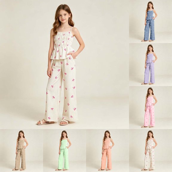 Pandaie Tween Girls Clothes Summer 2 Piece Outfit Set Ruffle Cami Top Wide Leg Pants with Pockets Fashion Casual Clothes Green,5-6 Years
