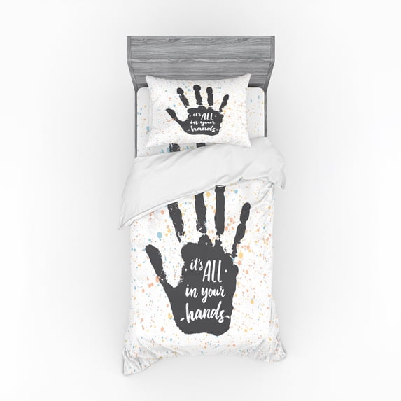 Inspirational Duvet Cover Set, It is All in Your Hands Inscription on Grungy Print Pastel, Bedding Set with Shams and Fitted Sheet, 3 Sizes, by Ambesonne