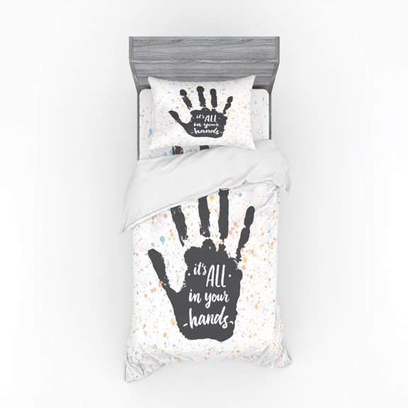 Inspirational Duvet Cover Set, It is All in Your Hands Inscription on Grungy Print Pastel, Bedding Set with Shams and Fitted Sheet, 3 Sizes, by Ambesonne