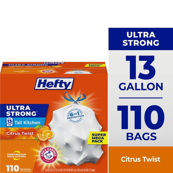 Hefty Ultra Strong 13 Gallon Trash Bags, Tall Kitchen Trash Bags, White, Citrus Twist Scent, 110 Bags