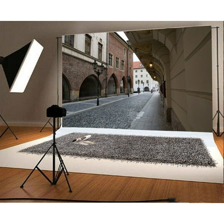 Road Lamp - GreenDecor Polyster 7x5ft Travel Backdrop Street Scene Old European Archiculture City with Pavement Road Lamp Brick Floor Nature Photography Background Kids Adults Photo Studio Props