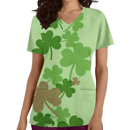 

YWDJ St Patrick s Day Scrub Tops for Women Plus Size Dressy Casual Clover Print with V Neck Short Sleeve Mint Green XXL