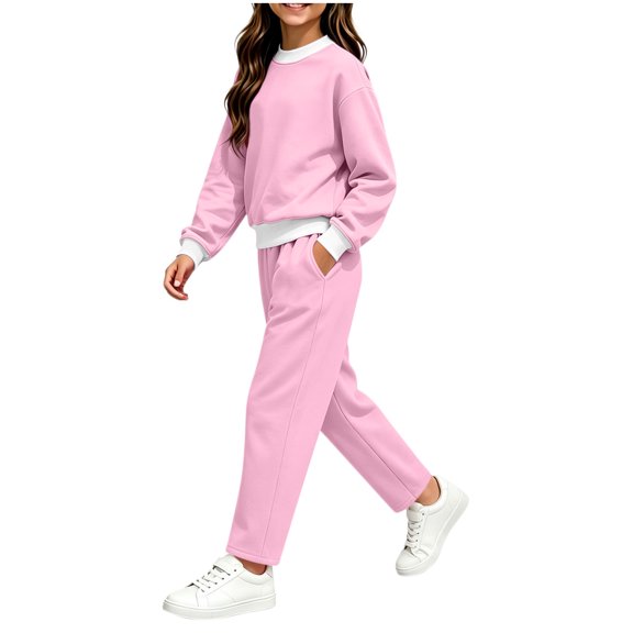 Cethrio Girls Winter Outfit Sets, 2 Piece Long Sleeve Casual Fleece-lined Girls' Clothing Sets Size 10-12 Pink