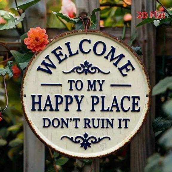 HELLOYOUNG Vintage Metal Wall Decor Happy Place Floral Iron Sign, Antique Style Home Porch Patio Decoration, Rustic Wall Art for Indoor Outdoor Housewarming Gift