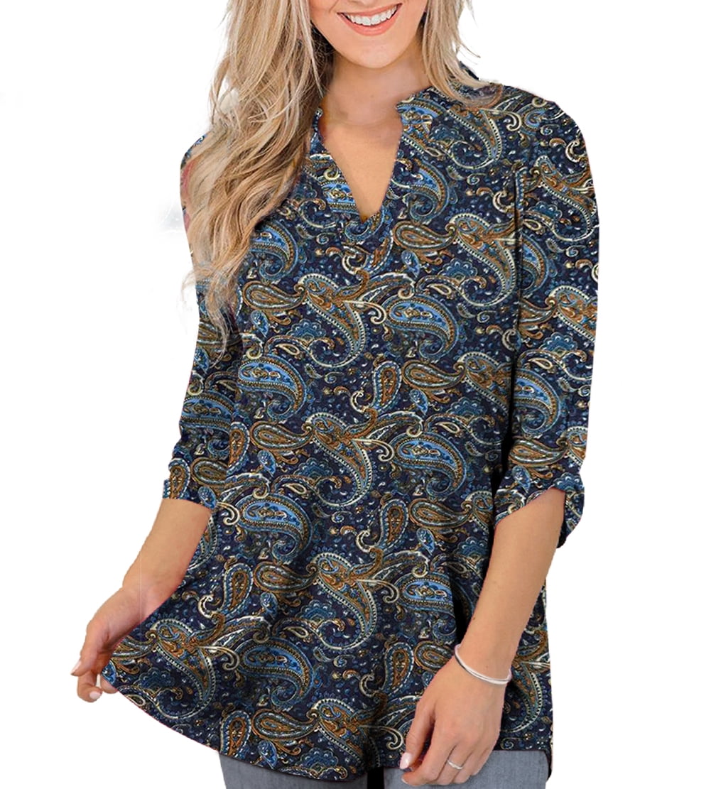 Womens V Neck 3/4 Cuff Sleeve Trumpet Sleeves Bohemia Beach Sunscreen Pleated Casual Blouse Floral Print Tops Tunic Shirt 