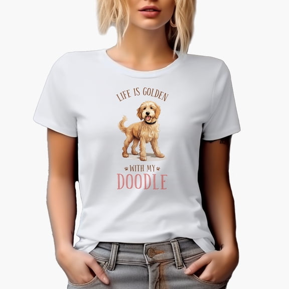Life Is Golden with My Doodle Quote with Cute Dog Art Merch Gift, White T-Shirt, Small