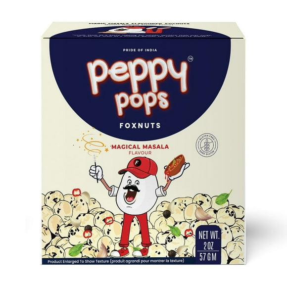 Peppy Pops Renards Grillés au Masala Magique 2 oz (57 g) – Collation de Makhana Croquante, Collation Végane Sans Gluten Protéinée, Collation Saine Faible en Calories pour Enfants, Adultes et Voyage