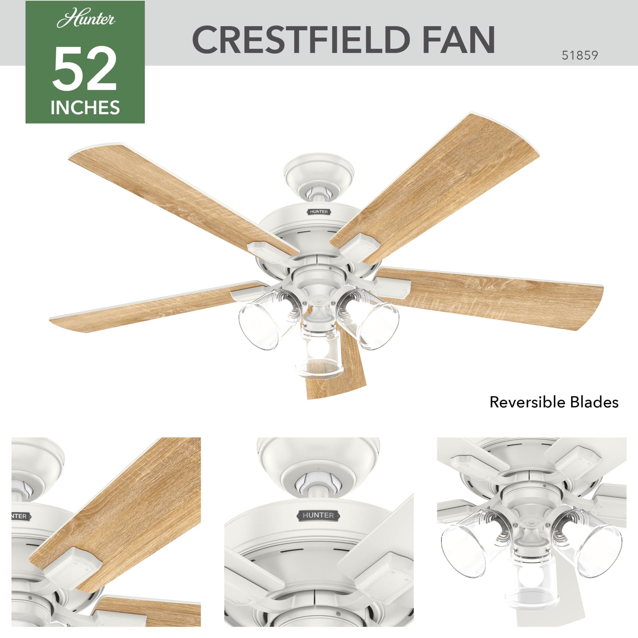 Hunter - Crestfield Indoor Ceiling Fan With Light, Remote, 52-inch, Fresh White, Casual-style, 3-speed WhisperWind Motor, 51859, for Living Rooms, Bedrooms