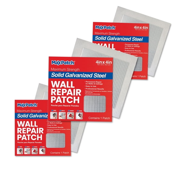 MaxPatch 4 in. x 4 in. Solid Metal Self-Adhesive Wall Repair Patch (3-Pack) – Durable Galvanized Metal, Easy Application for Drywall, Plaster, and Ceiling Repairs