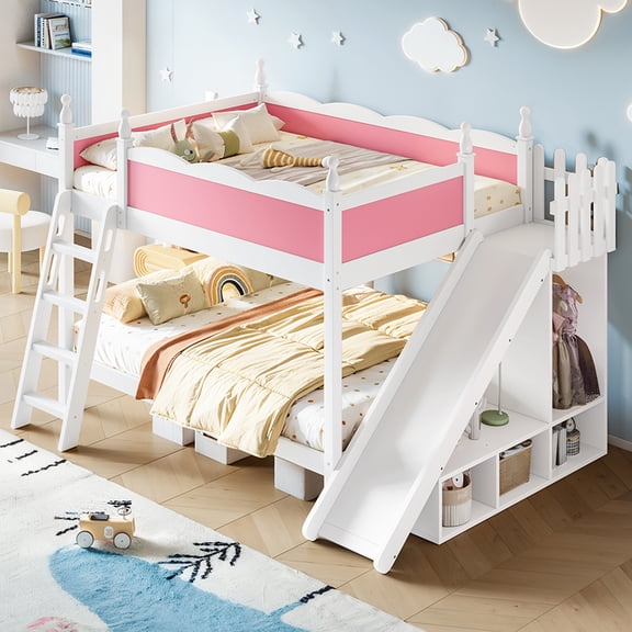 Harper & Bright Designs Full over Full Bunk Bed with Storage Shelves, Solid Wood Bunk Bed Frame with Slide and Ladders, Low Bunk Bed with Guardrails for Boys Girls, Pink & White