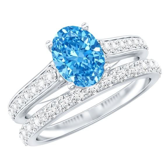 Rosec Jewels IGI Certified 1 Carat Lab Grown Blue Diamond Engagement Ring with Band - Oval Wedding Ring Set - VS1 Quality, 925 Sterling Silver, US 4.00