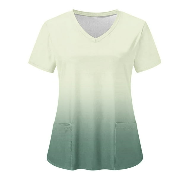 JUNWELL Clearance 2024! Women‘s Working Uniform Nursing Uniform With Two Pockets Scrubs Top Gradient Color Short Sleeve V-neck Tee