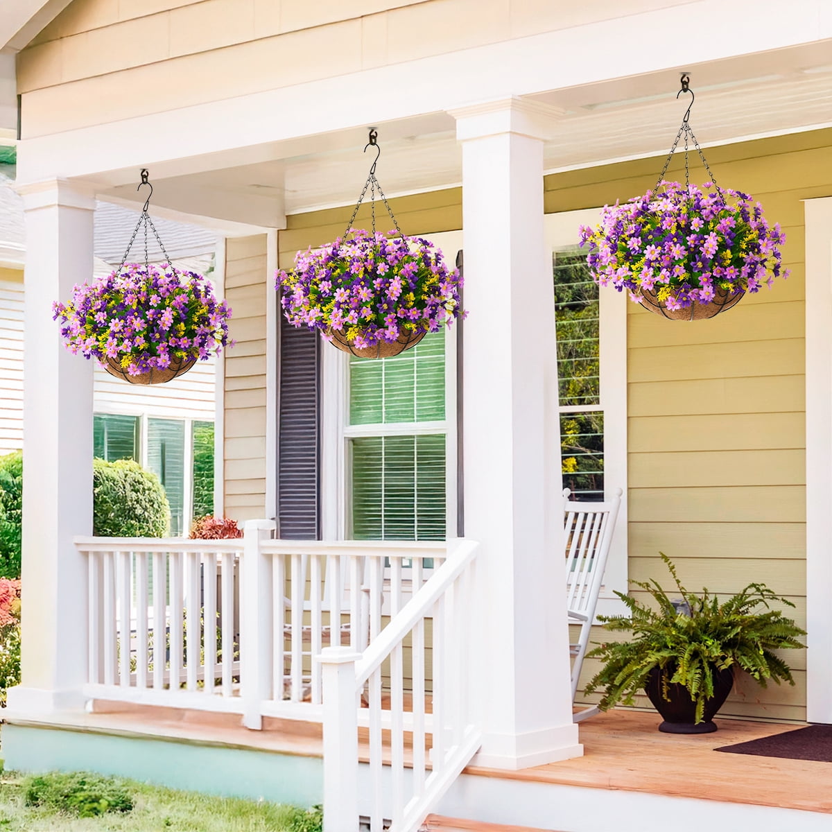 Artificial Hanging Flowers in Basket Outdoor Indoor Patio Lawn Garden Decor, Hanging Daisy Basket with 12inch Coconut Lining Chain Flowerpot (Purple)