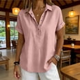 thumbnail image 2 of Linen Tops for Women Summer Gauze Shirts Button Down Short Sleeve V Neck Blouses Dressy Casual Tunic Clothes Pink M, 2 of 8