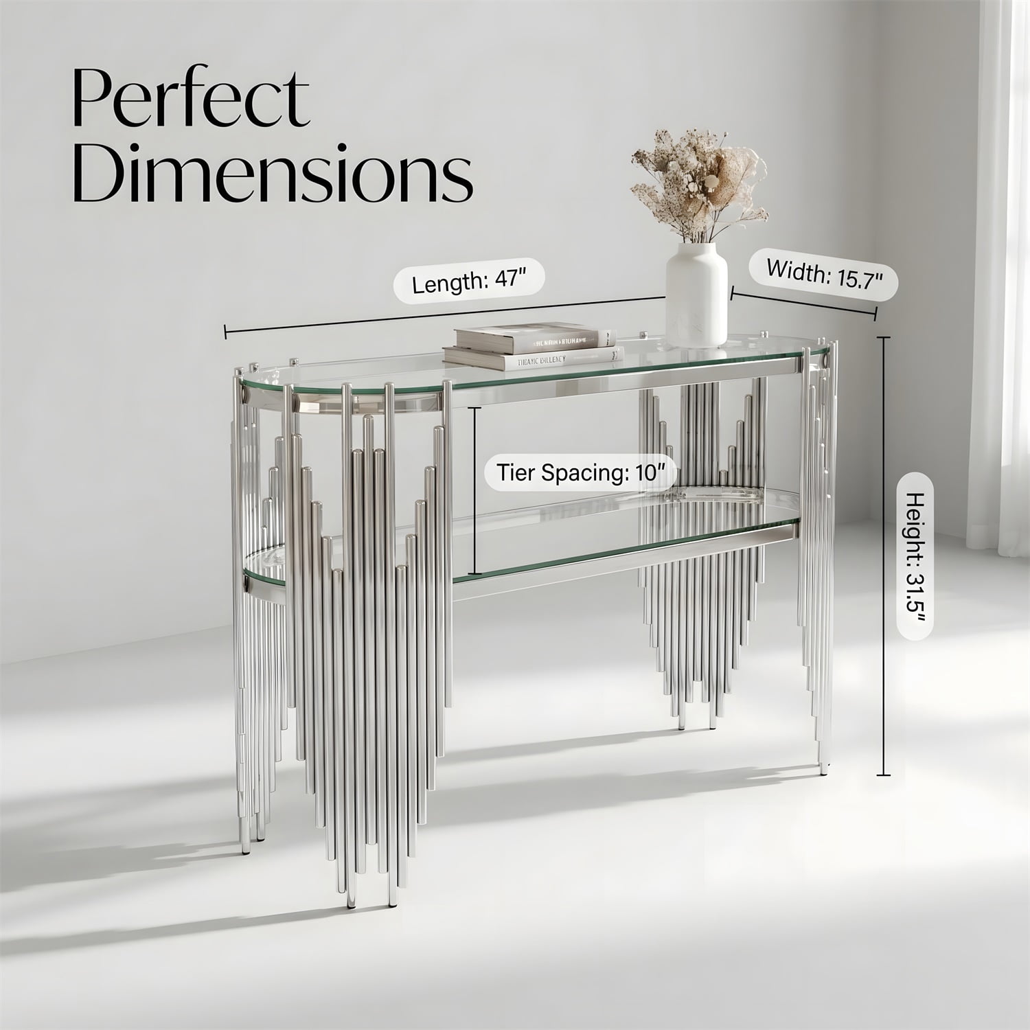 Hommoo Modern Oval Console Table with 2-Tier Tempered Glass Shelves, Stainless Steel Entryway Table for Hallway, Living Room & Behind Sofa, Sliver