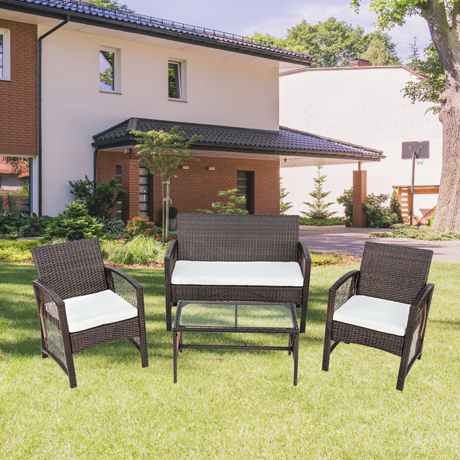 Patio Outdoor Furniture Sets, UHOMEPRO 4 Pieces PE Rattan Garden Furniture Wicker Chairs Set with Coffee Table, Outdoor Conversation Sets, Patio Dining Set for Backyard Poolside Porch, Brown, W7763 - image 3 of 11