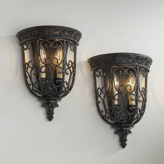 Franklin Iron Works French Scroll Farmhouse Rustic Wall Light Sconces Set of 2 Rubbed Bronze Hardwire 10 1/2" Fixture for Bedroom Bathroom Vanity Home