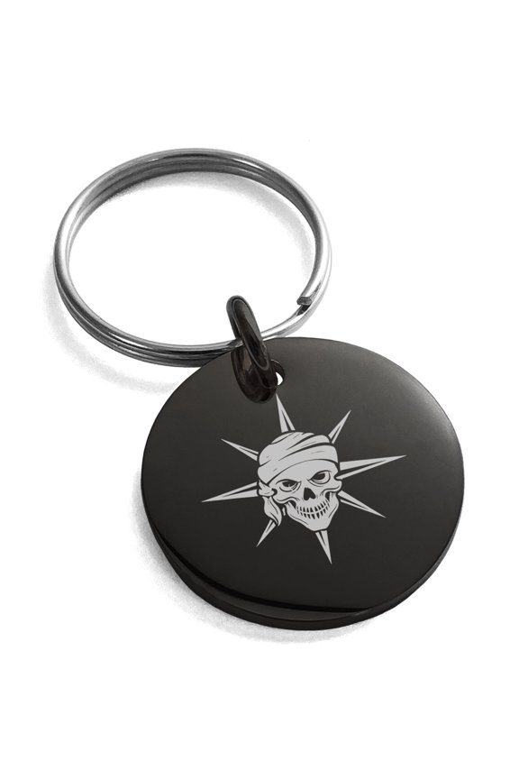 Stainless Steel Pirate Skull Star Compass Engraved Small Medallion Circle Charm Keychain Keyring