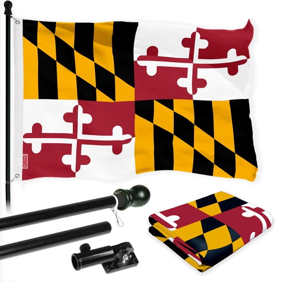 G128 Combo Pack: 6 Ft Tangle Free Spinning Flagpole (Black) & Maryland Flag 3x5 Ft Printed 150D Polyester, Brass Grommets (Flag Included) Aluminum Flag Pole