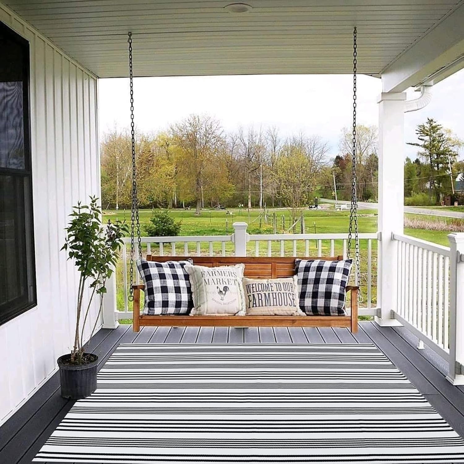 Black and White Striped Outdoor Rug 4' X 6' Front Porch Rug Cotton Hand-Woven Welcome Mats Layered Door Mats for Front Porch/Entryway/Laundry Room/Bedroom/Outdoor