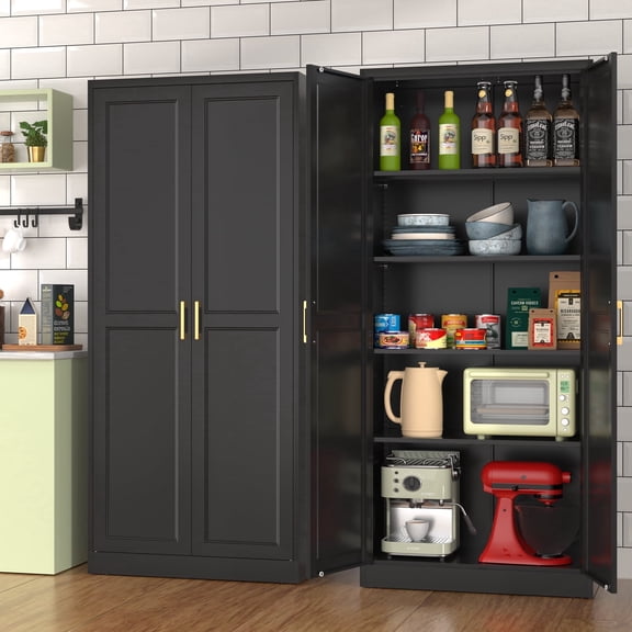 UNICOLY 71”Black Metal StorageCabinet,Modern Tall Steel Pantry Cupboard with Doors and 4 Adjustable Shelves for Kitchen Garage and Home