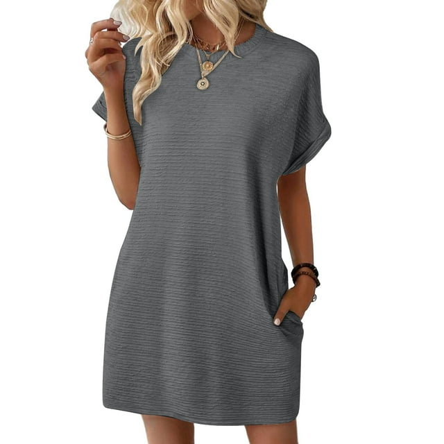 biudgviw Robe d'Été Décontractée pour Femme à Manches Courtes, Col Rond, Robe Midi Texturée, Tunique, Robes de Plage pour les Vacances